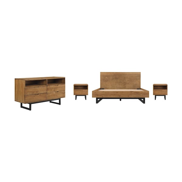 Armen Living Aldo Queen Size 4 Piece Platform Bed Frame Bedroom Set in Brown Oak Wood and Black Metal SETAOBDBRQN4B - main